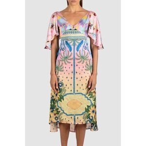 NWT Oceanus Camille Satin Midi Dress Colorful Tropical Floral Flutter Sleeve Sm